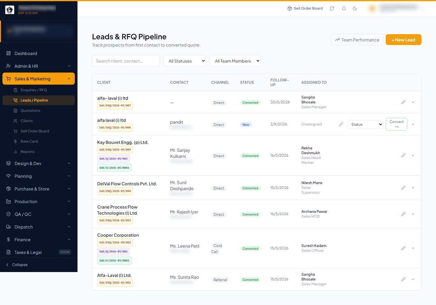 Leads & RFQ pipeline