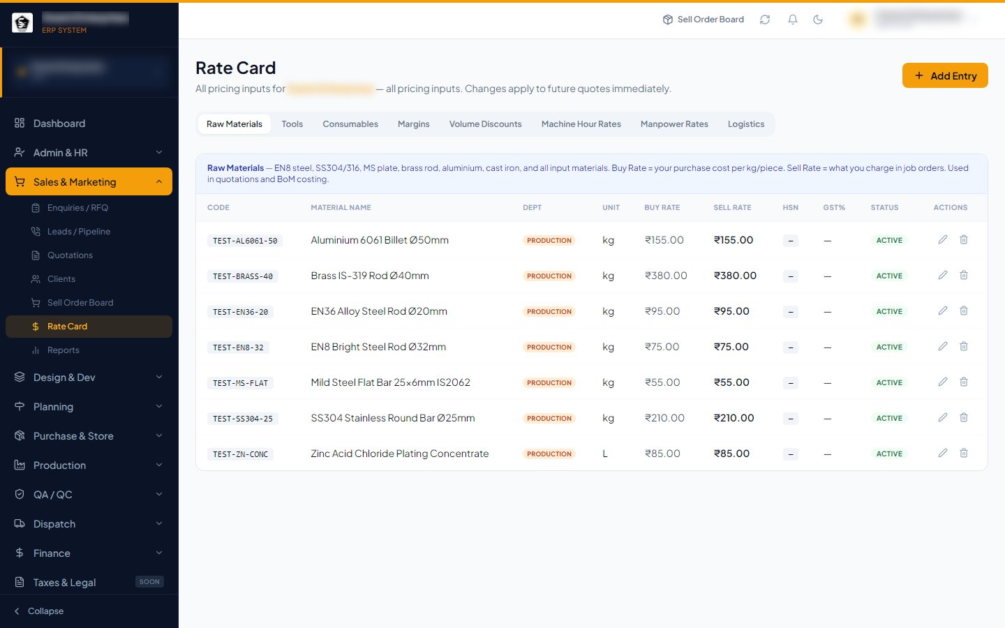 Costing & rate card
